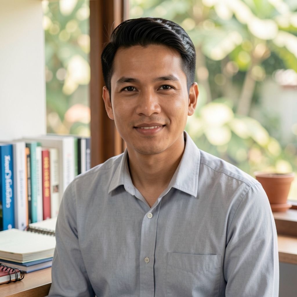 Portrait of a man in a well-lit Jakarta studio workspace surrounded by notebooks and reference books on wellness