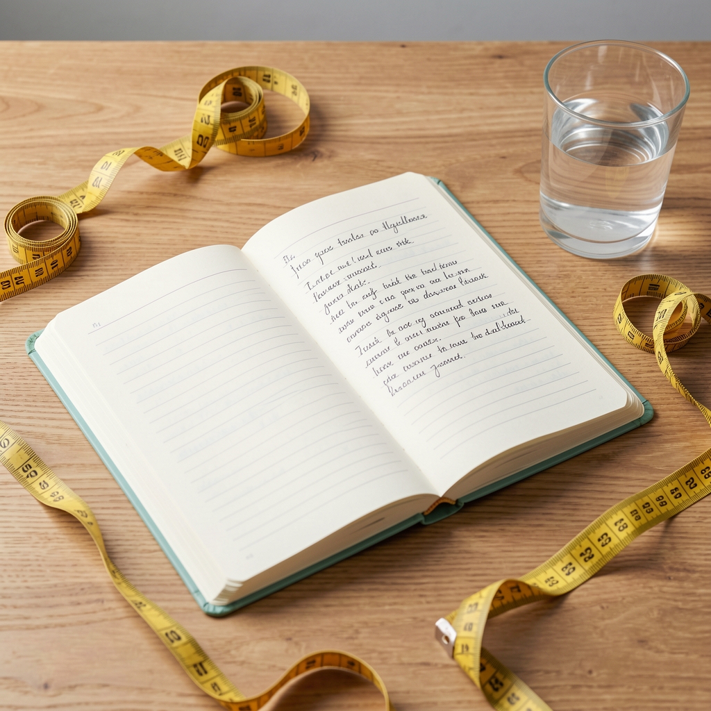 Open wellness journal on a wooden desk with handwritten notes, surrounded by a measuring tape and water glass in clean studio lighting