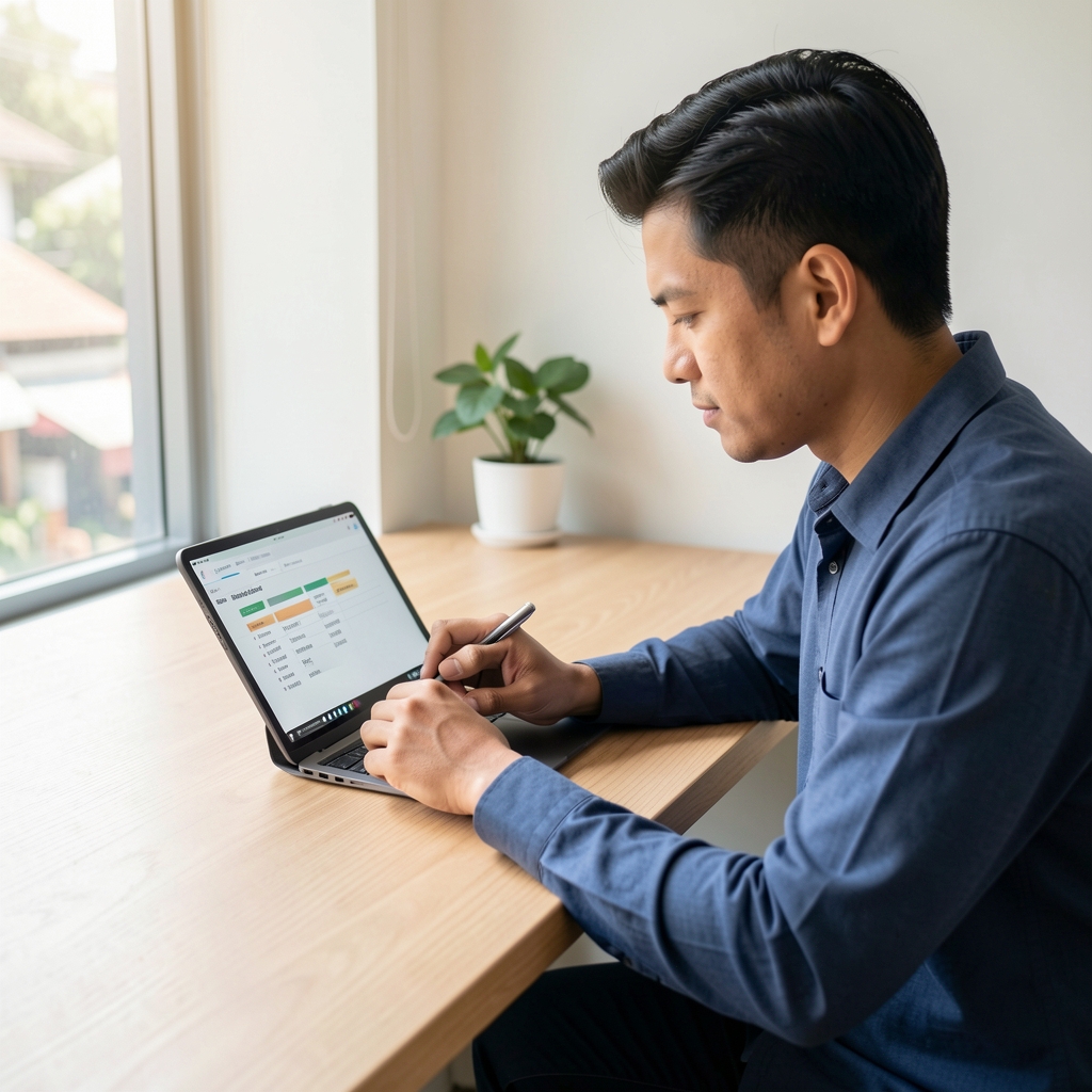 Man reviewing wellness progress notes on a screen while seated at a minimalist wooden workspace in Jakarta