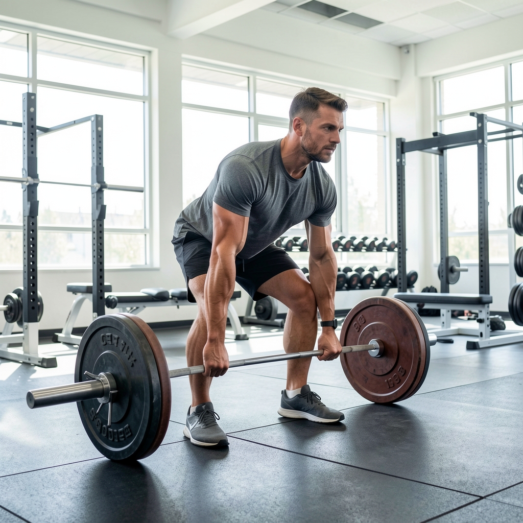 Man performing a deadlift in a bright open gym space with natural light and clean equipment