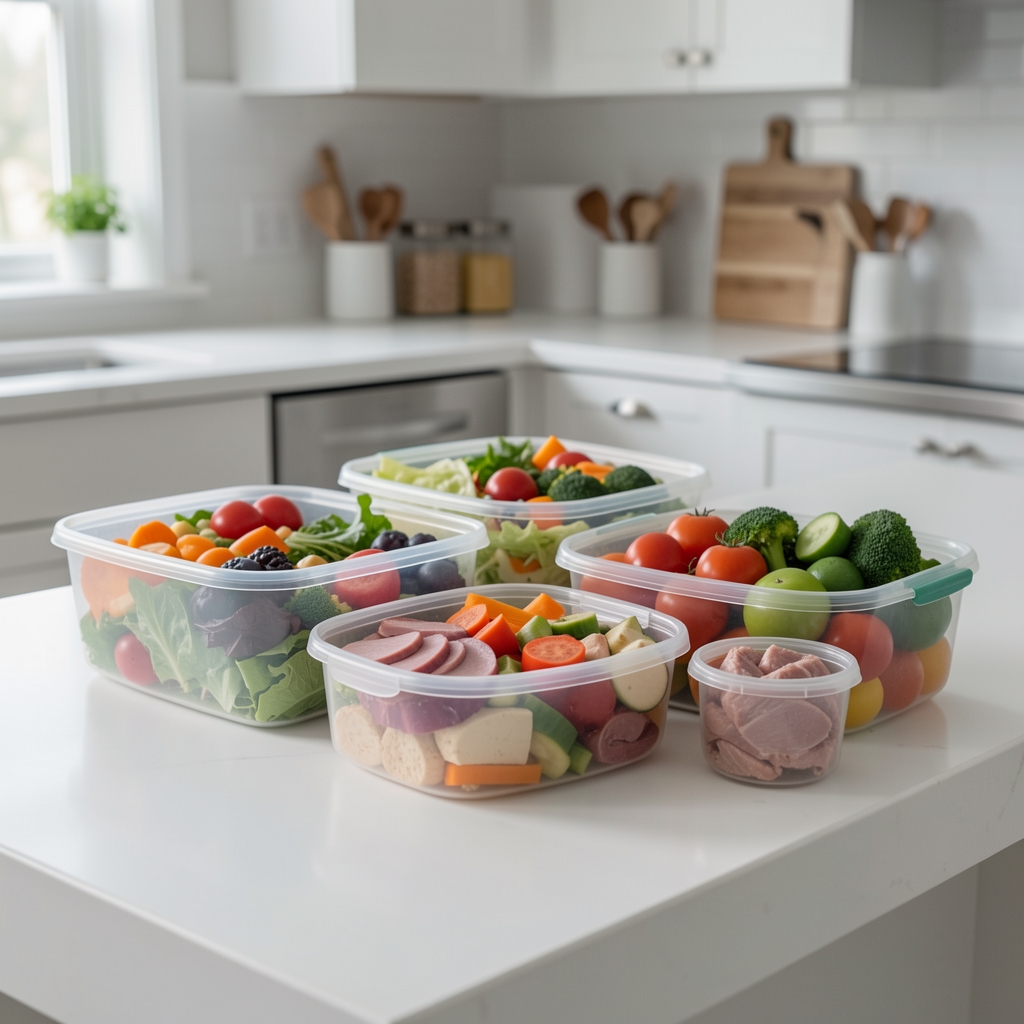 Colorful whole-food meal prep containers arranged on a clean kitchen counter with fresh vegetables and proteins