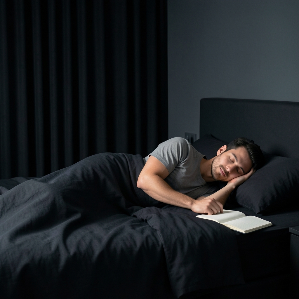 Man in peaceful sleep position in a dark minimalist bedroom with blackout curtains and a bedside notebook