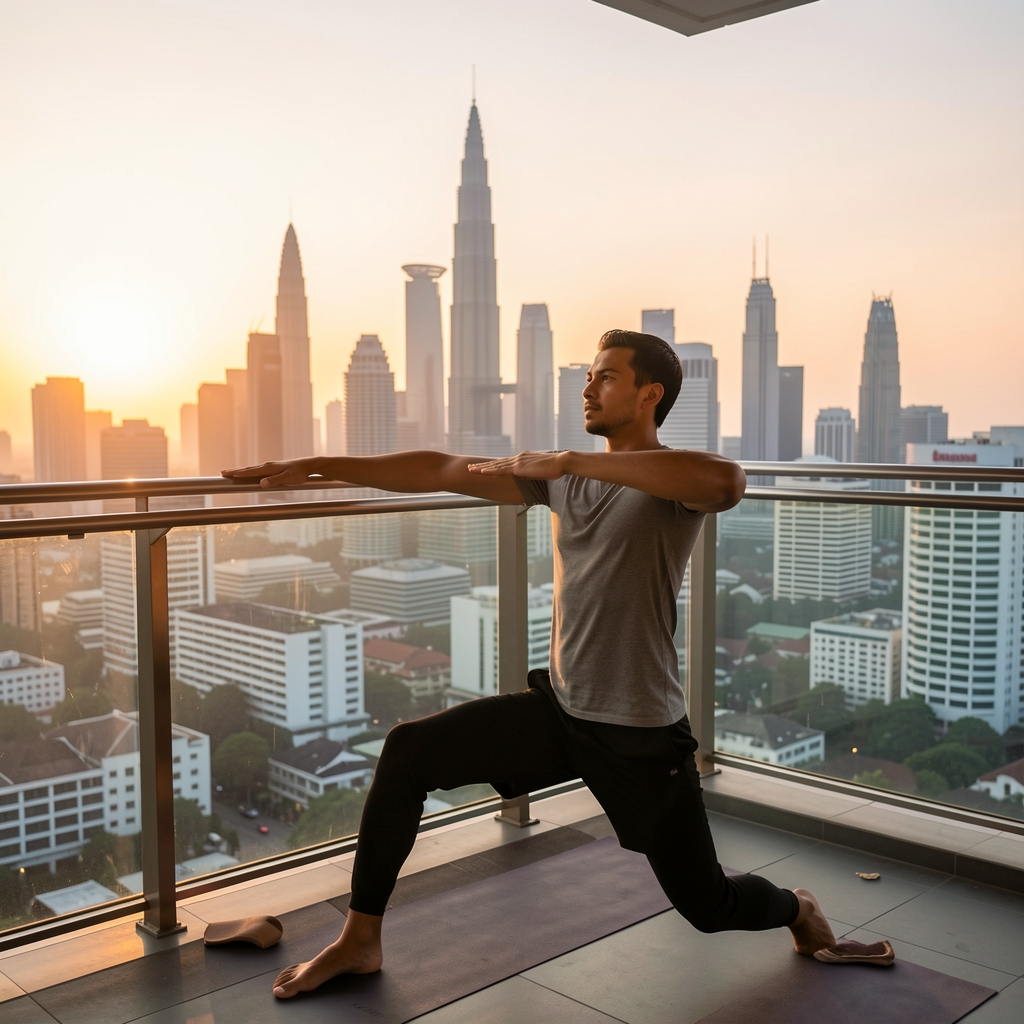 Man at sunrise doing light stretching on a balcony overlooking Jakarta city skyline, morning routine practice