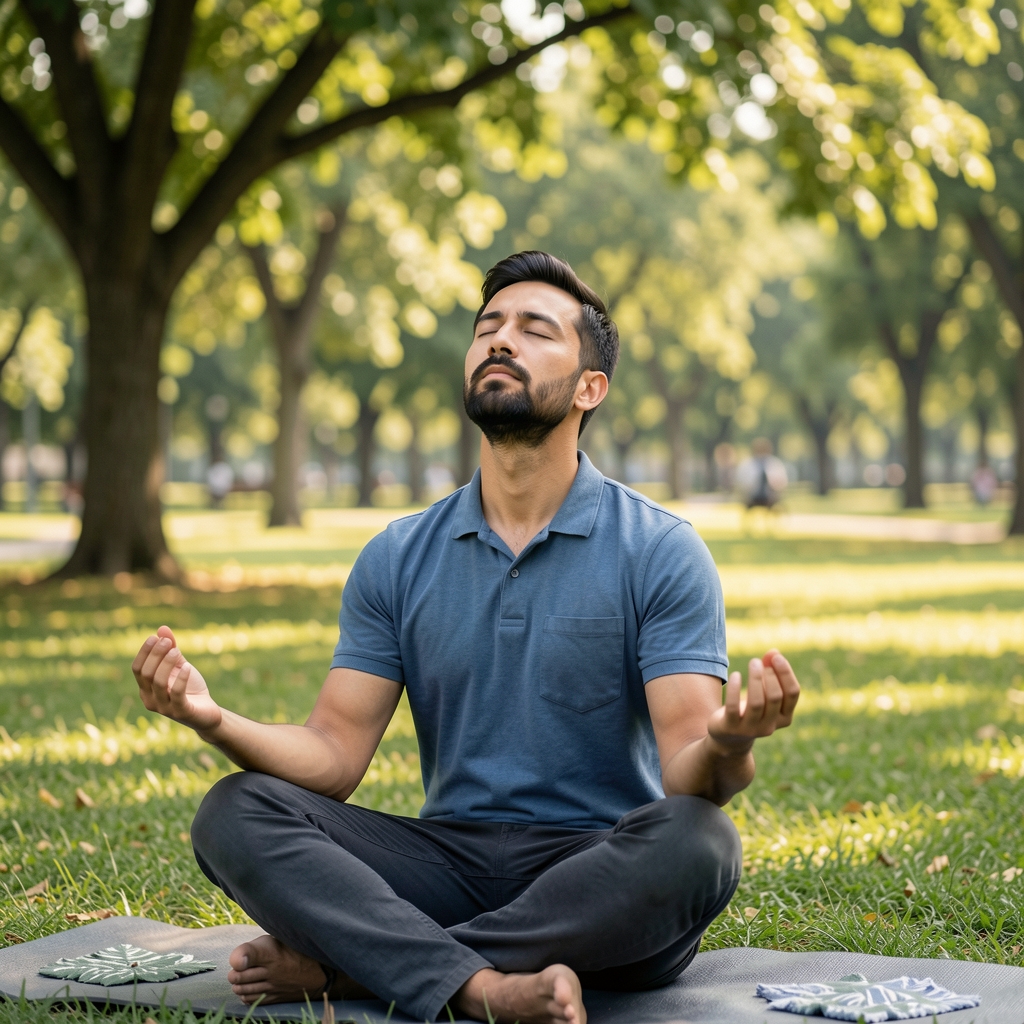 Man sitting quietly in a peaceful park setting with eyes closed, mindful breathing practice outdoors