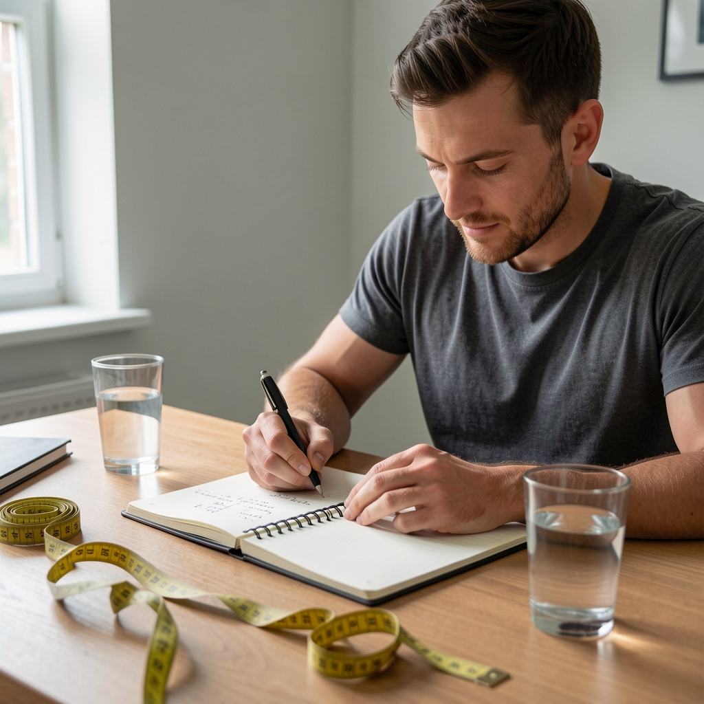 Man journaling body composition progress metrics in a notebook at a desk with a measuring tape and glass of water